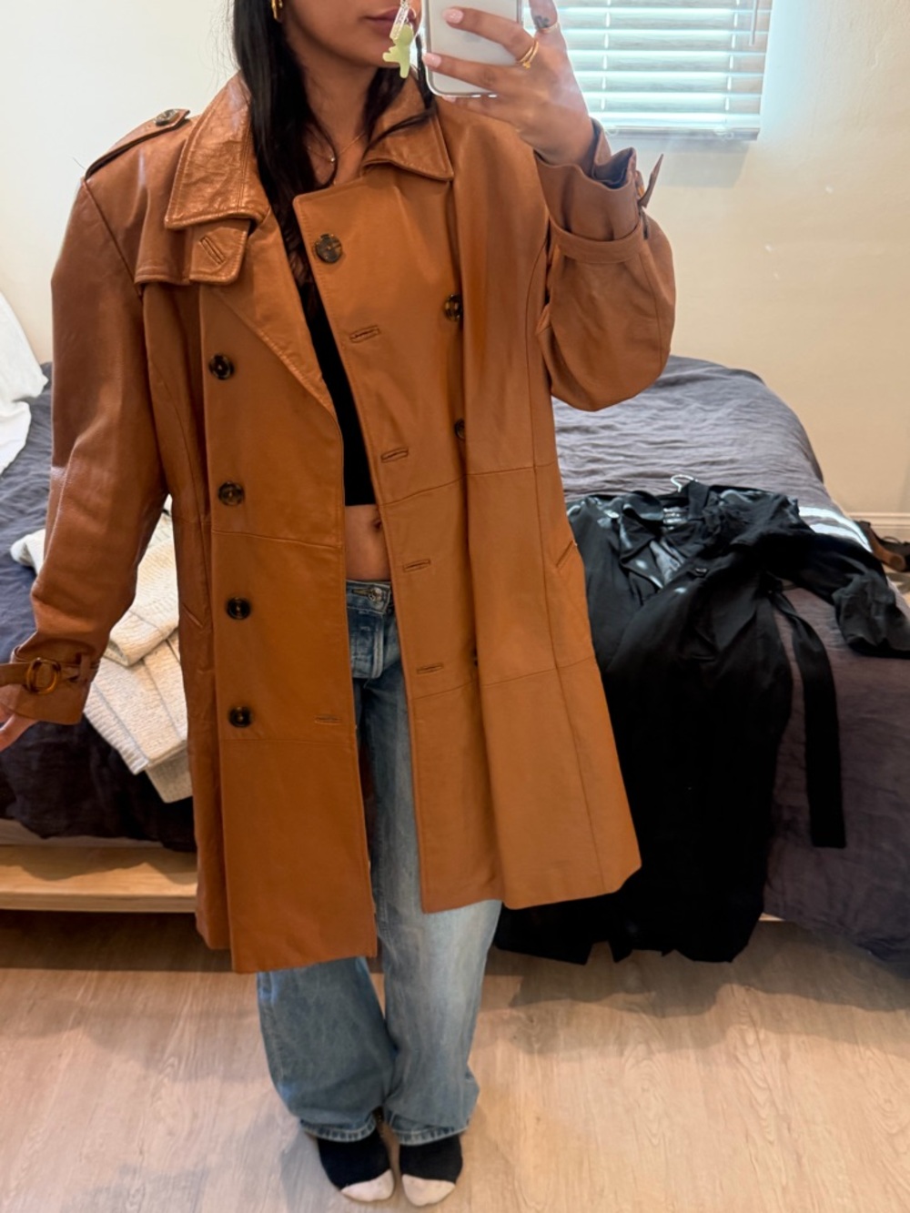 Terry Lewis Classic Luxuries Cognac Leather Double-Breasted Trench Coat